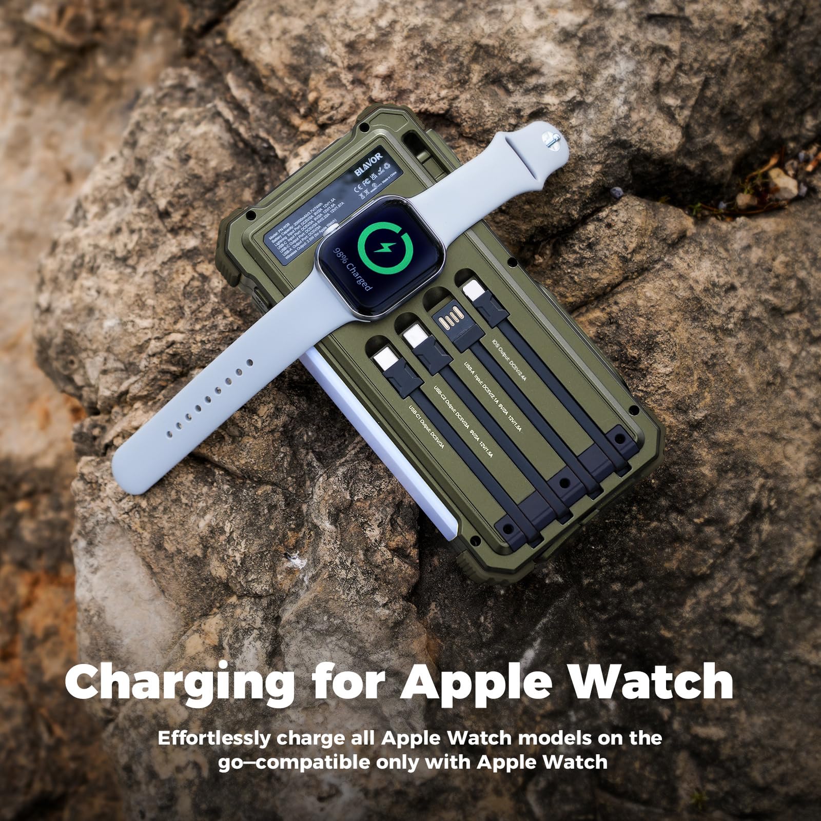 BLAVOR Solar Power Bank wireless Apple Watch charging area for convenient wearables