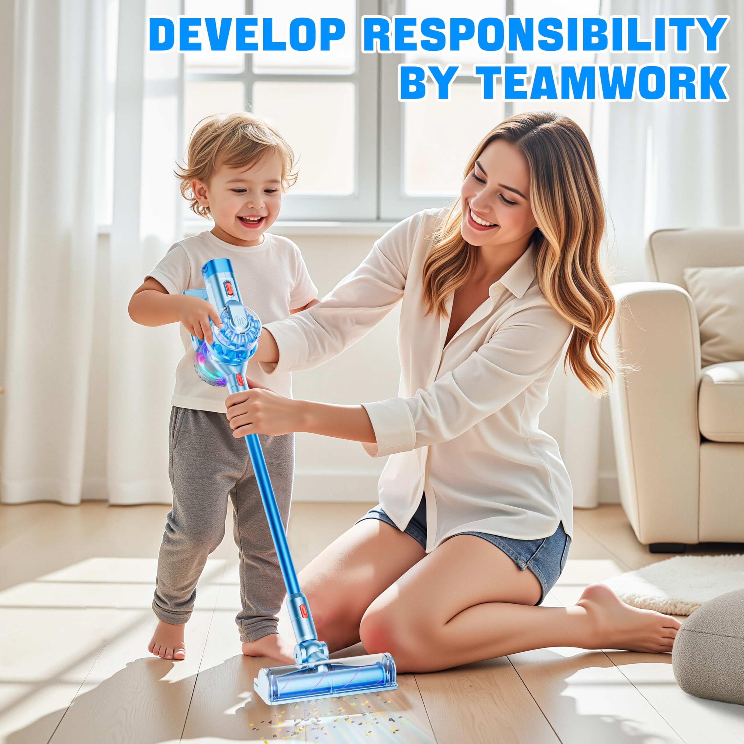 BLAXTEM 4-in-1 toy vacuum with lights and sound adds engaging pretend cleanup.