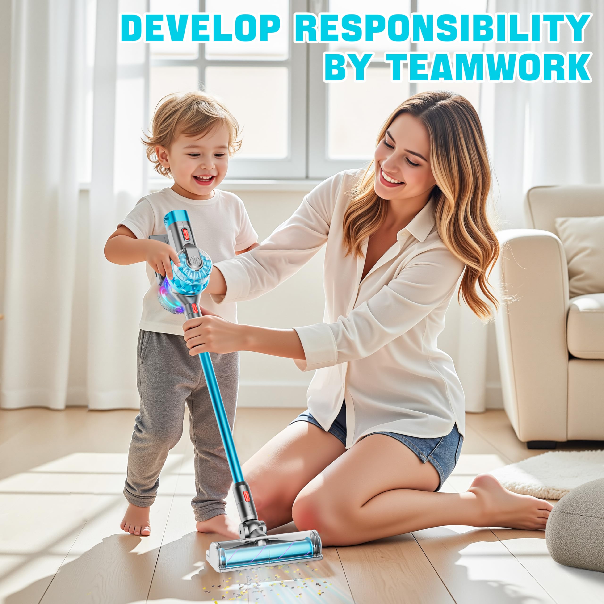 BLAXTEM dusting attachment cleans light debris in child's playroom.