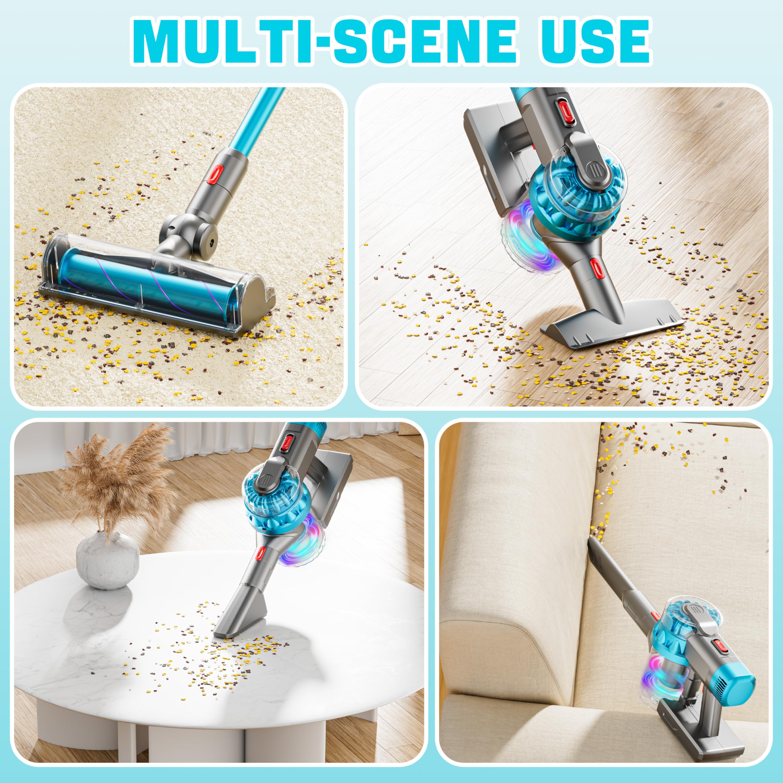 BLAXTEM wide mouth attachment tackles spills in pretend kitchen cleanup.