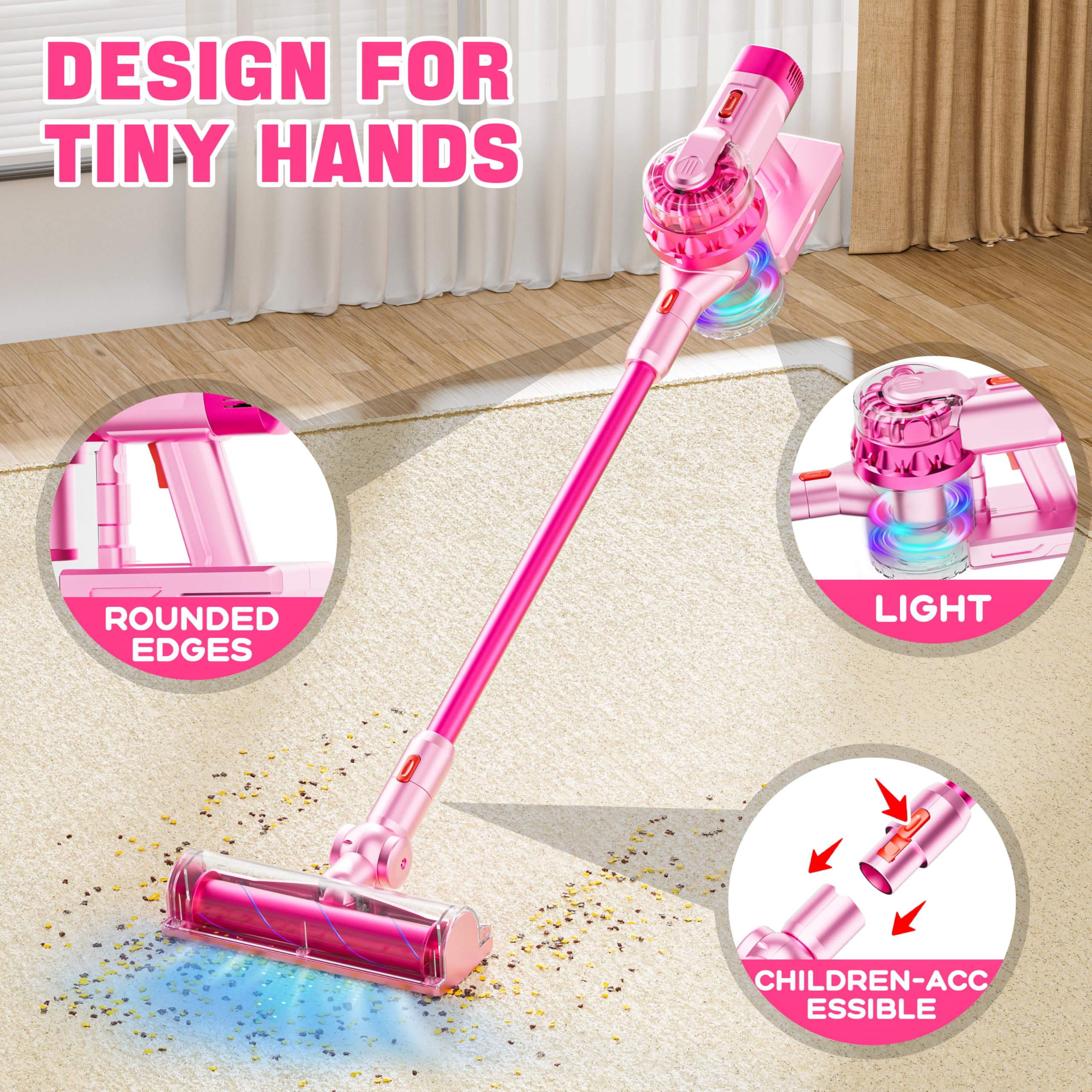 BLAXTEM 4-in-1 kids vacuum pink attachments-crevice helps reach corners during pretend cleaning.