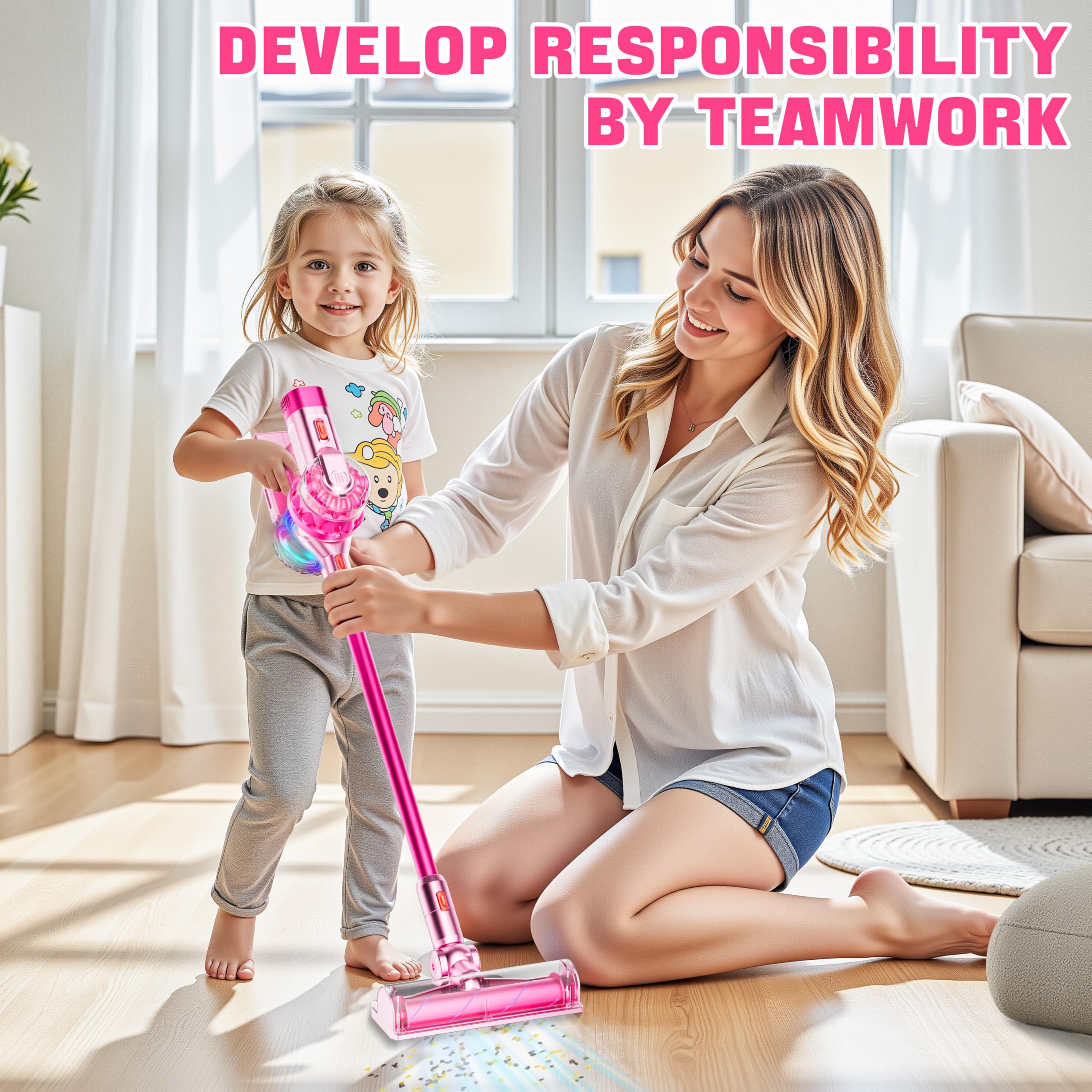 BLAXTEM 4-in-1 kids vacuum pink attachments-dusting adds delicate surface cleaning during play.