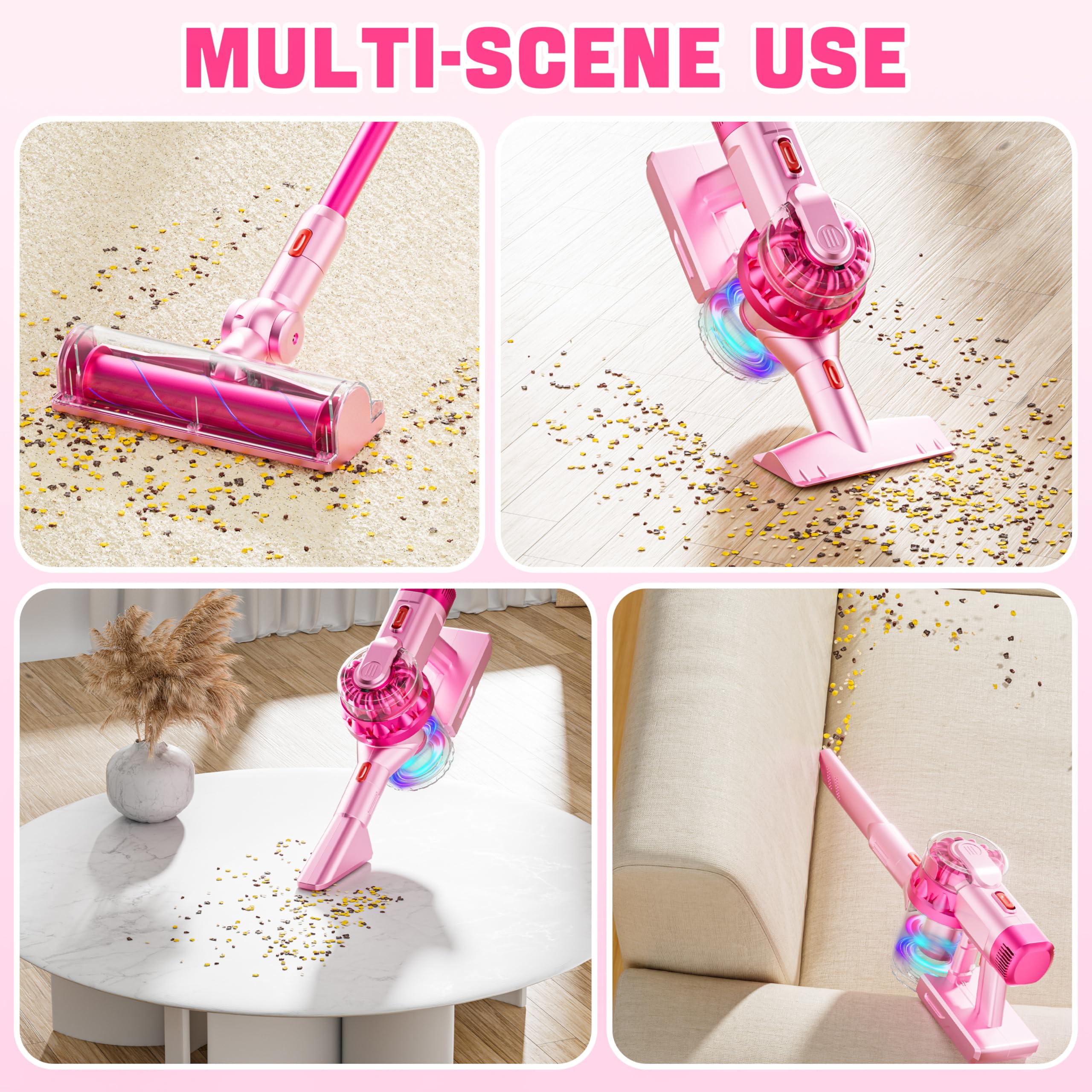BLAXTEM 4-in-1 kids vacuum pink attachments-wide-mouth helps simulate spills cleanup.