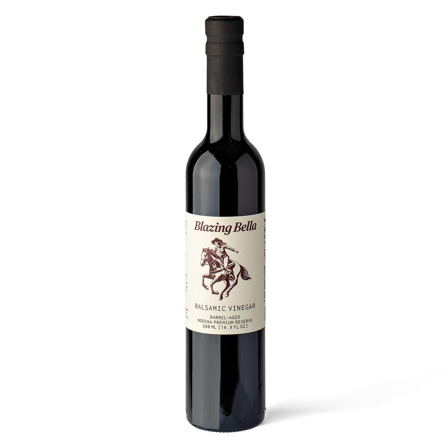 Blazing Bella Modena balsamic bottle showing authentic aging and rich flavor.