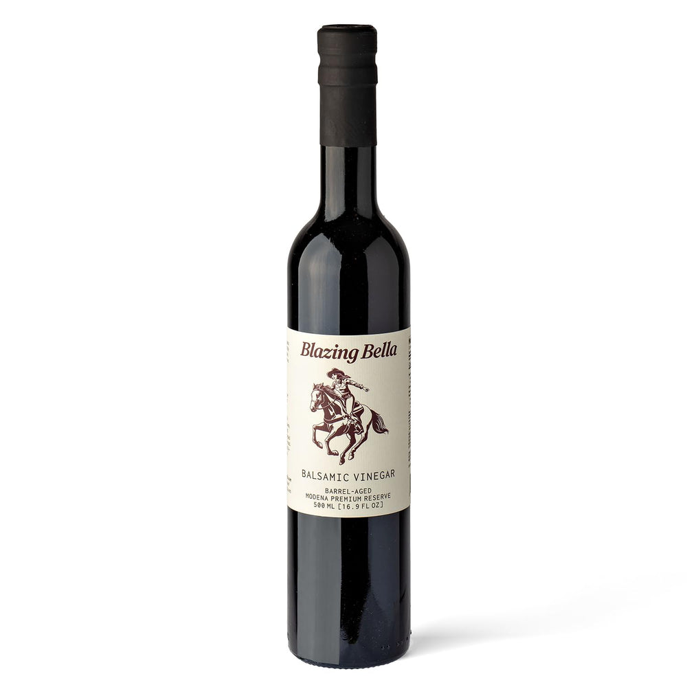 Blazing Bella Modena balsamic bottle showing authentic aging and rich flavor.