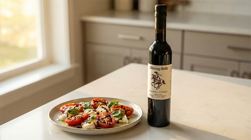 Blazing Bella salad balsamic topping brightens greens and vegetables.
