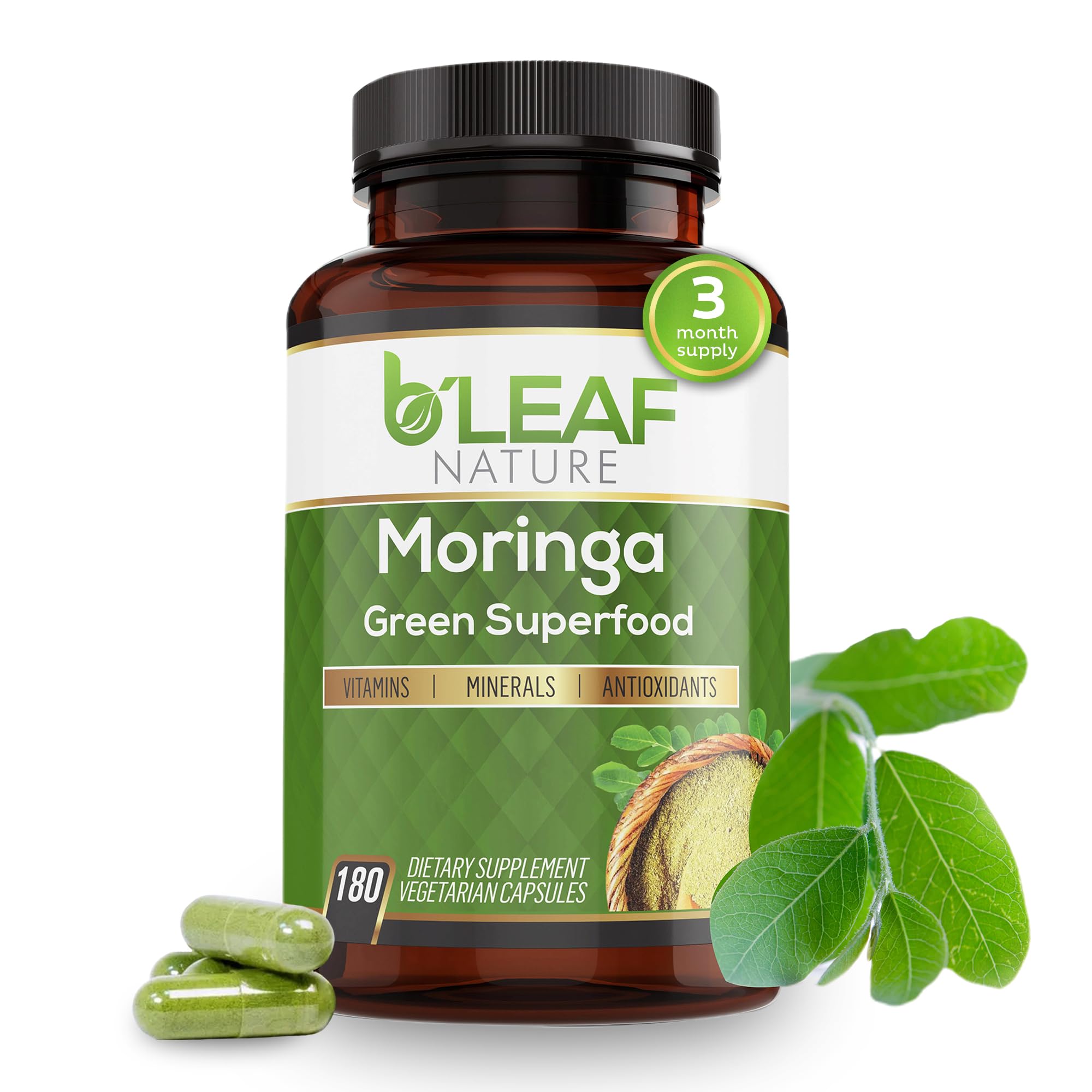 B’LEAF NATURE moringa capsules bottle front, pure vegan supplement for daily energy support.