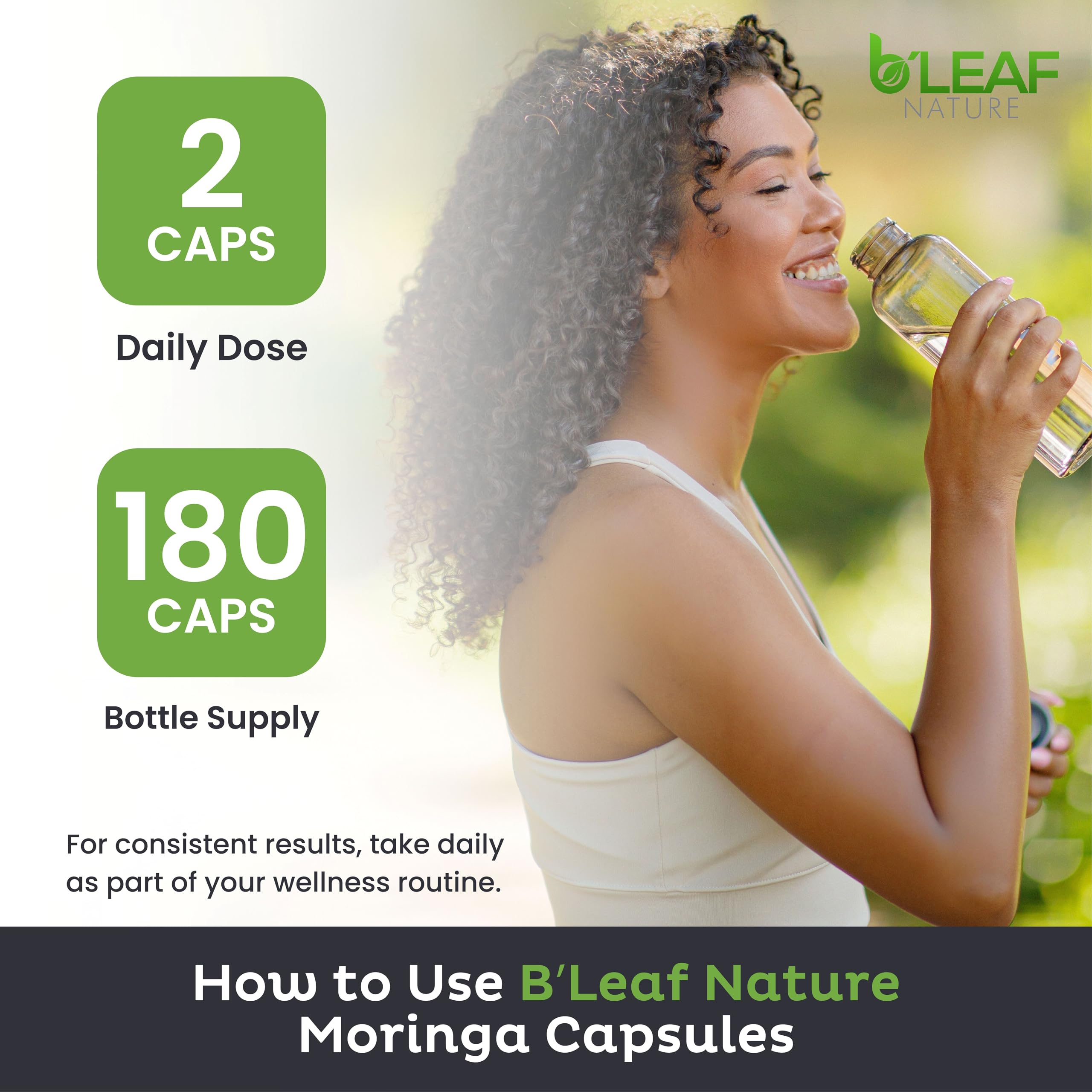 B’LEAF NATURE moringa capsules closeup label, highlighting organic moringa leaf powder quality.
