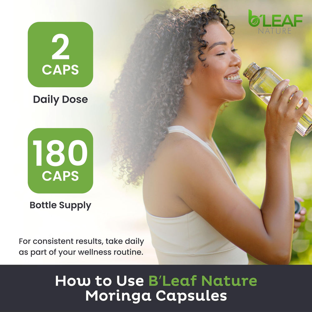 B’LEAF NATURE moringa capsules closeup label, highlighting organic moringa leaf powder quality.