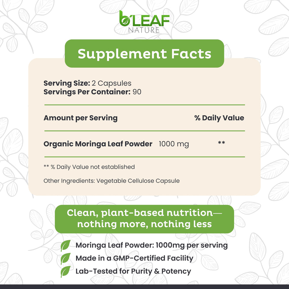 B’LEAF NATURE moringa capsules packaging box, sustainable wellness with phytonutrients.