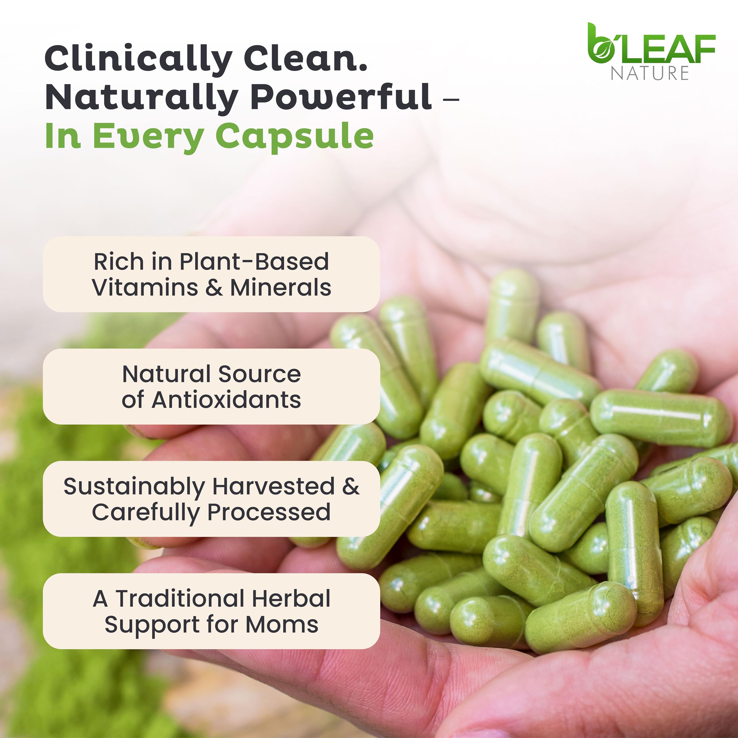 B’LEAF NATURE moringa capsules pour, convenient daily capsules for plant-based nutrition.
