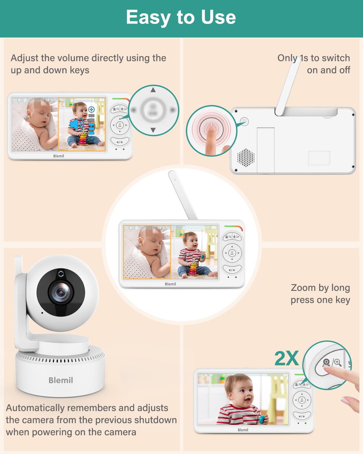Blemil monitor with 310-degree rotation covers more angles
