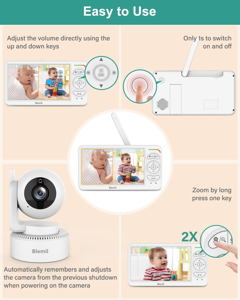 Blemil monitor with 310-degree rotation covers more angles