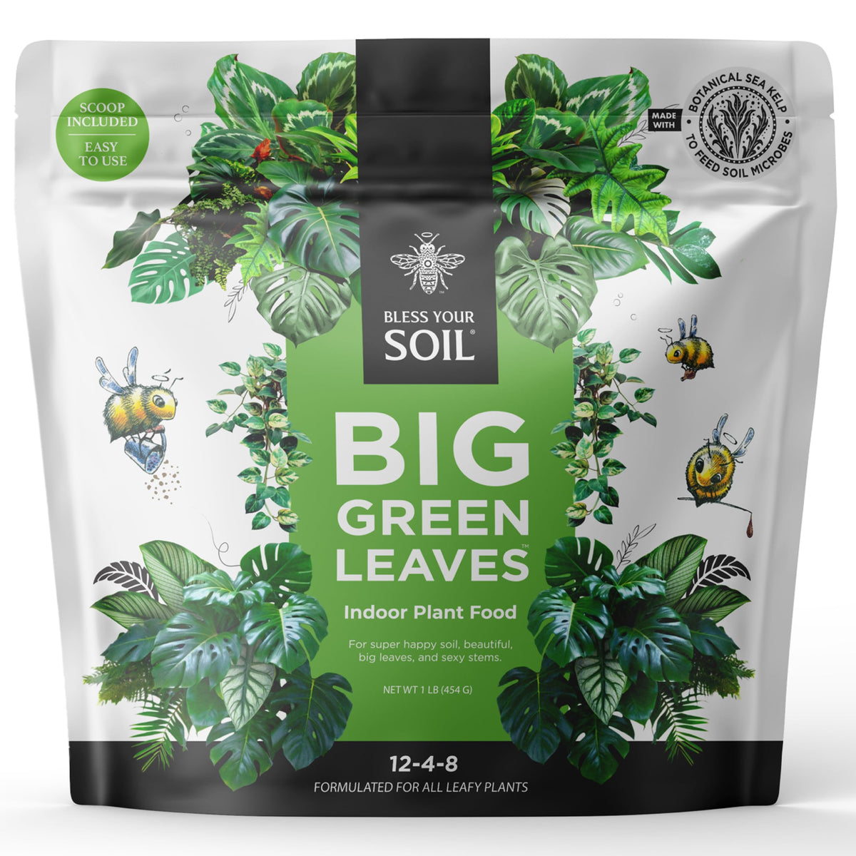 BLESS YOUR SOIL Big Green Leaves bottle label highlighting nutrient-rich formula for lush indoor greens.