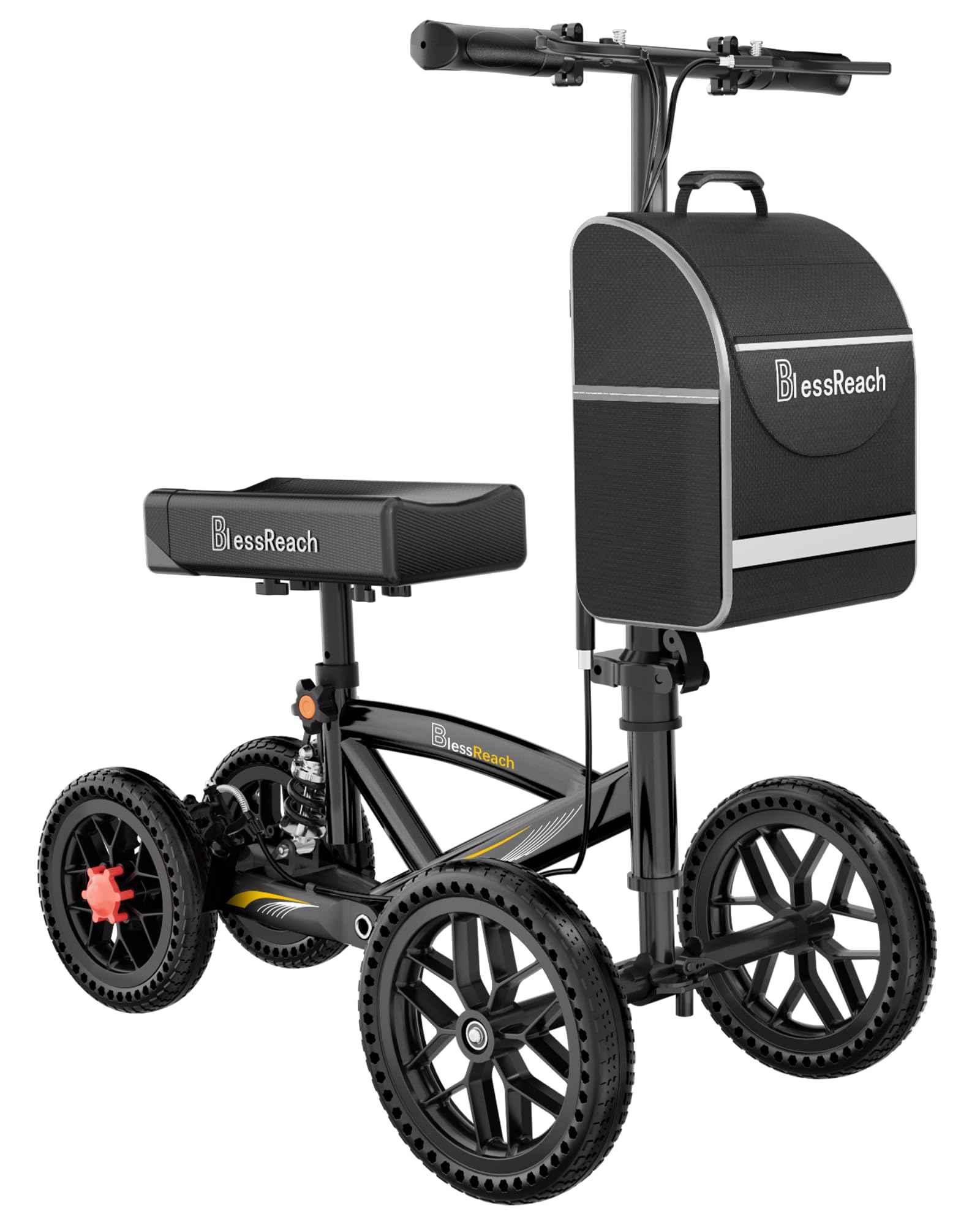 BlessReach all-terrain knee scooter front wheels provide stability on diverse surfaces