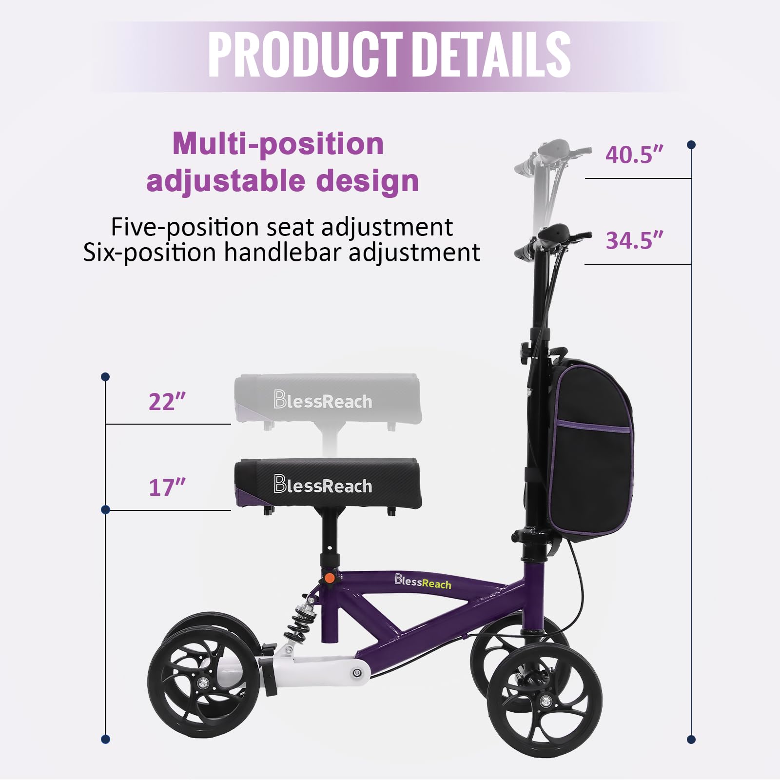 BlessReach Steerable Knee Walker Purple kneepad close-up with adjustable support
