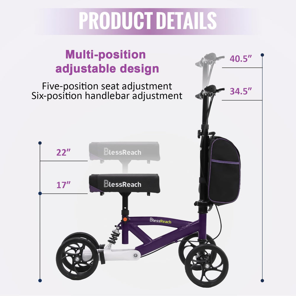 BlessReach Steerable Knee Walker Purple kneepad close-up with adjustable support