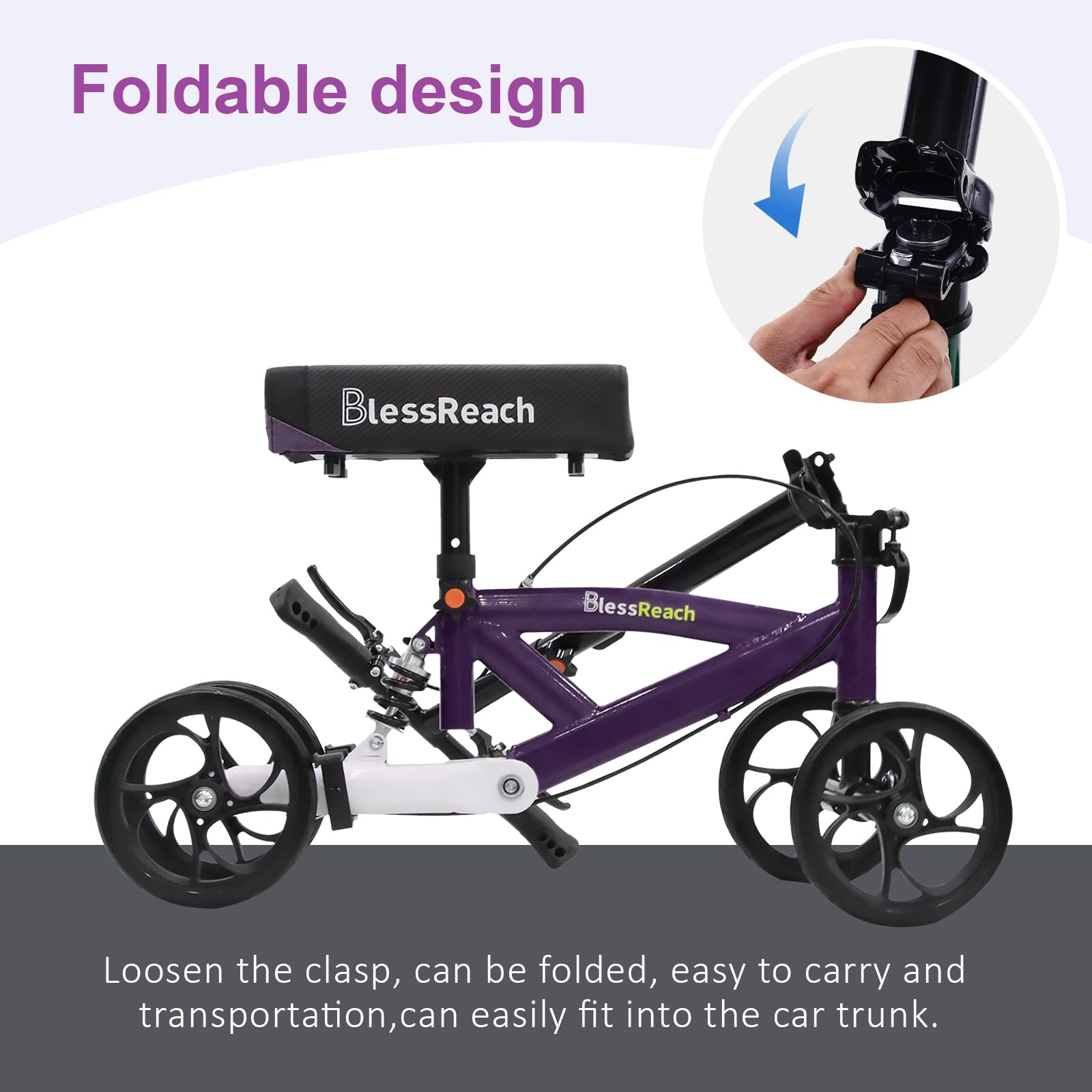 BlessReach Steerable Knee Walker Purple usage scene demonstrating versatile mobility indoors and outdoors