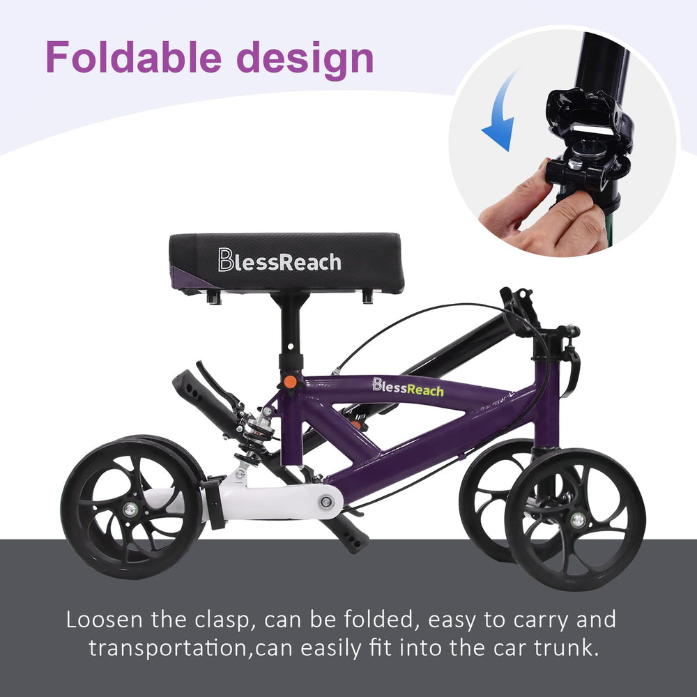 BlessReach Steerable Knee Walker Purple usage scene demonstrating versatile mobility indoors and outdoors