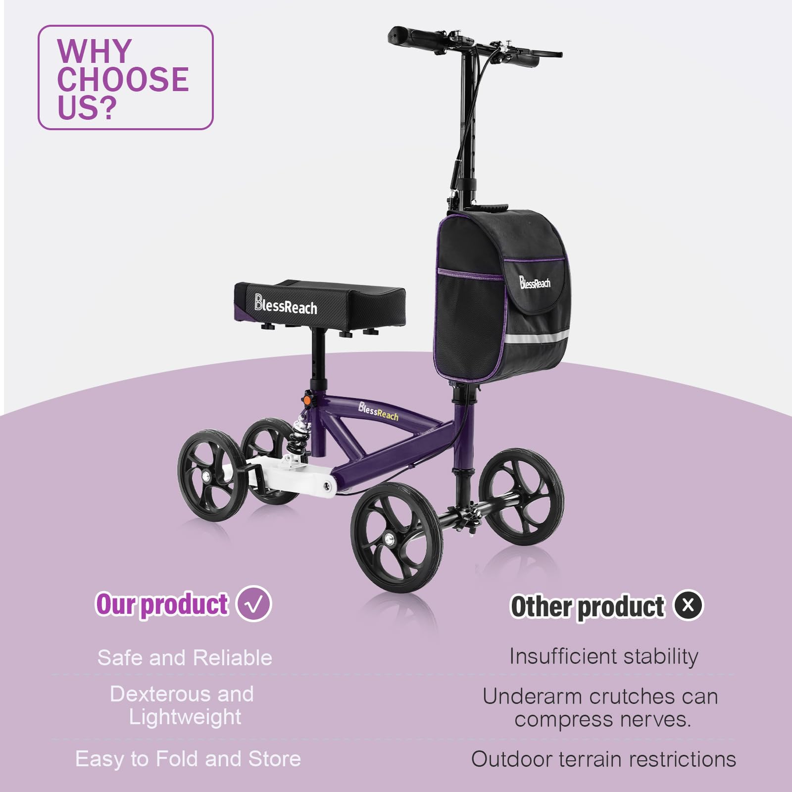 BlessReach Steerable Knee Walker Purple wheel detail showing 8-inch wheels