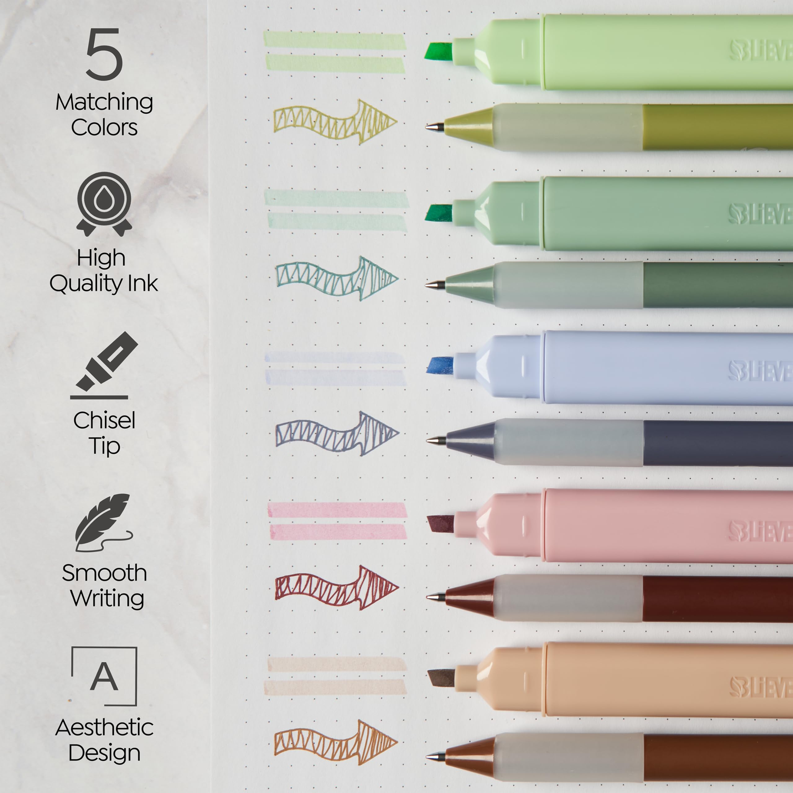 BLIEVE gel pens five-pack close-up highlighting smooth writing