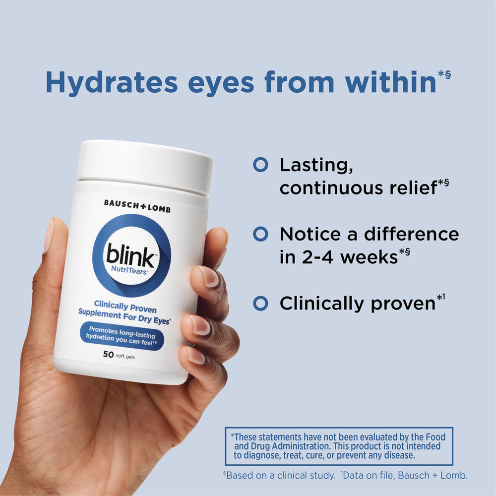 Blink NutriTears bottle opened showing easy daily use for eyes.