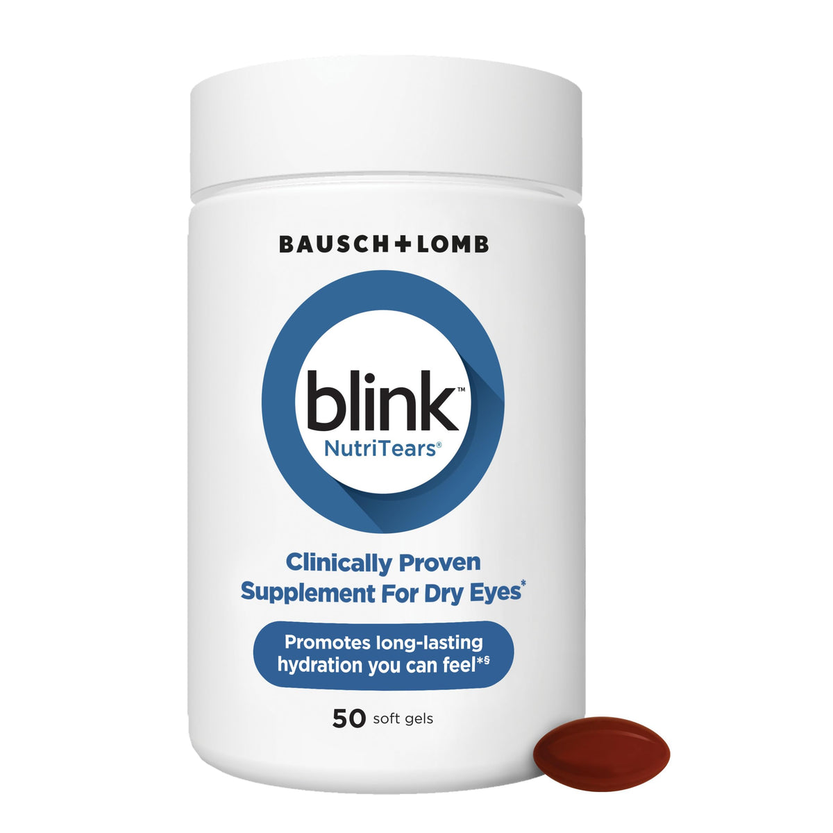 Blink NutriTears softgels bottle front for convenient eye hydration support.