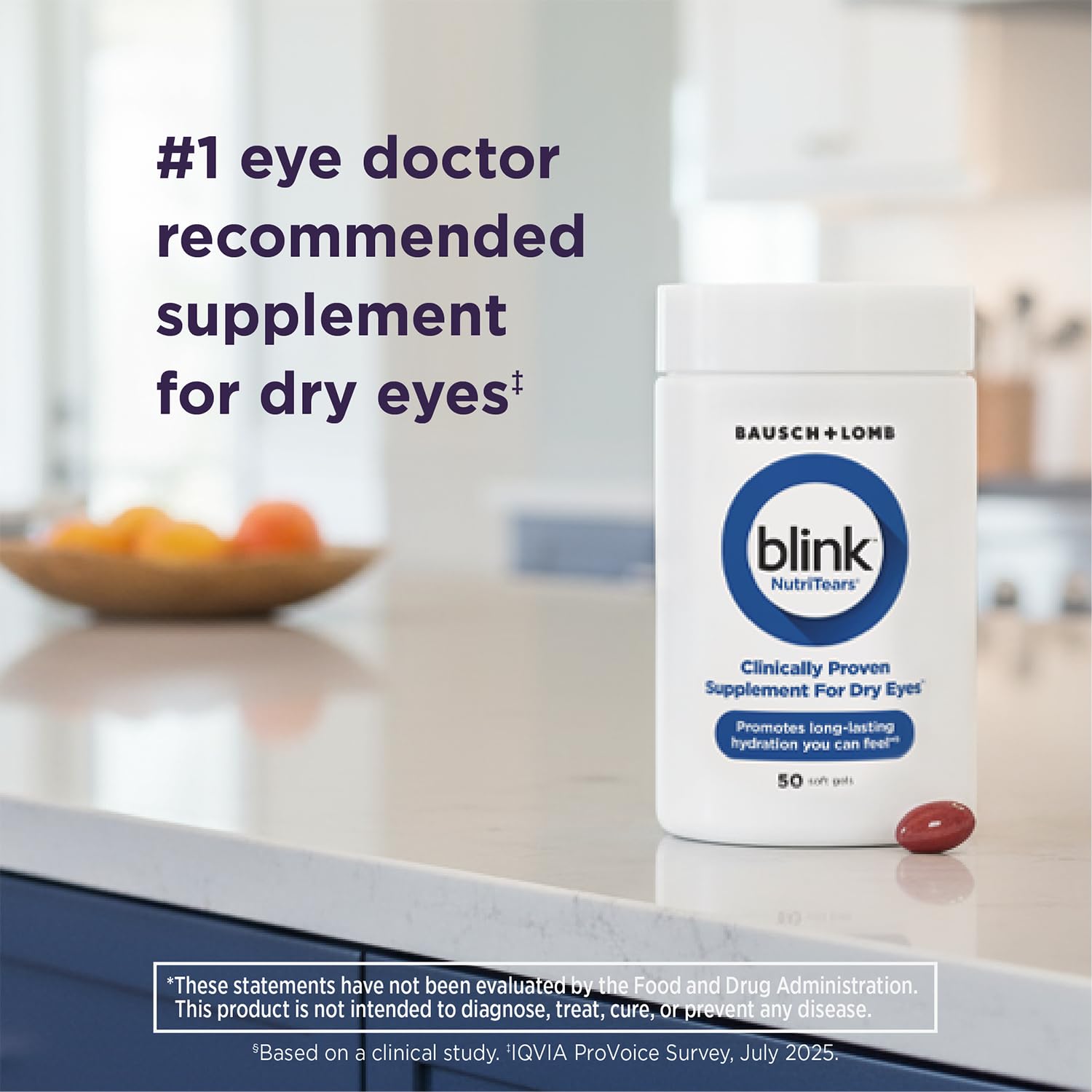Blink NutriTears softgels close-up showing smooth capsules for daily care.
