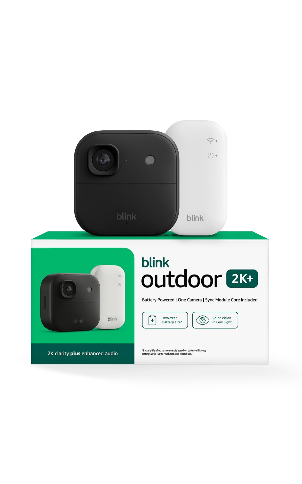 Blink Outdoor 2K+ camera front view for continuous home surveillance and peace of mind.