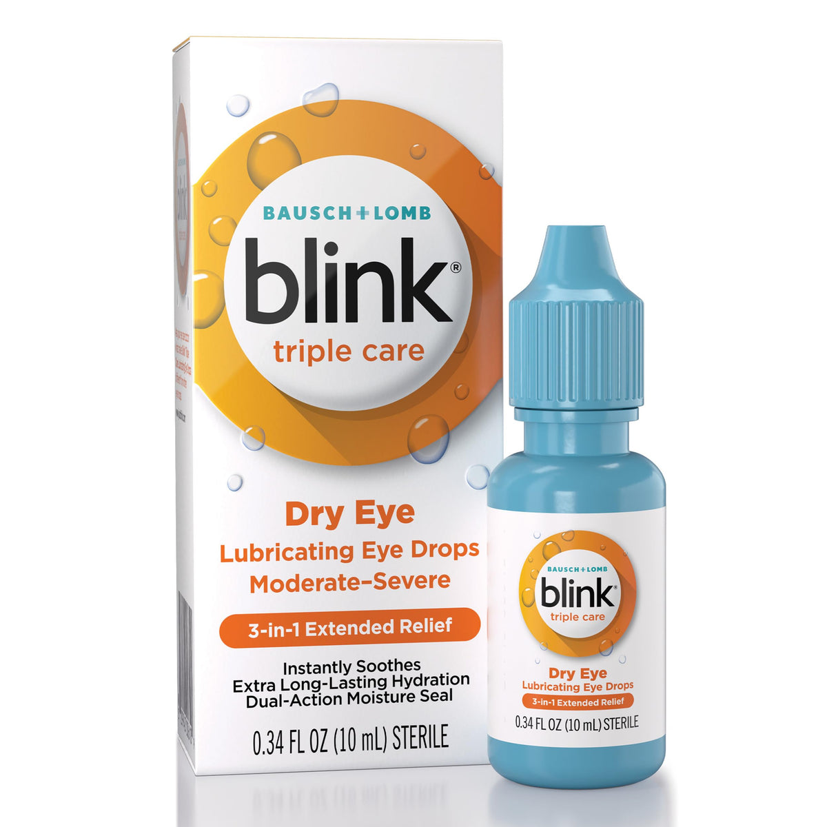 BLINK Triple Care eye drops bottle close-up highlighting long-lasting hydration