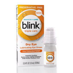 Blink Triple Care eye drops bottle demonstrating daily hydration for dry eyes