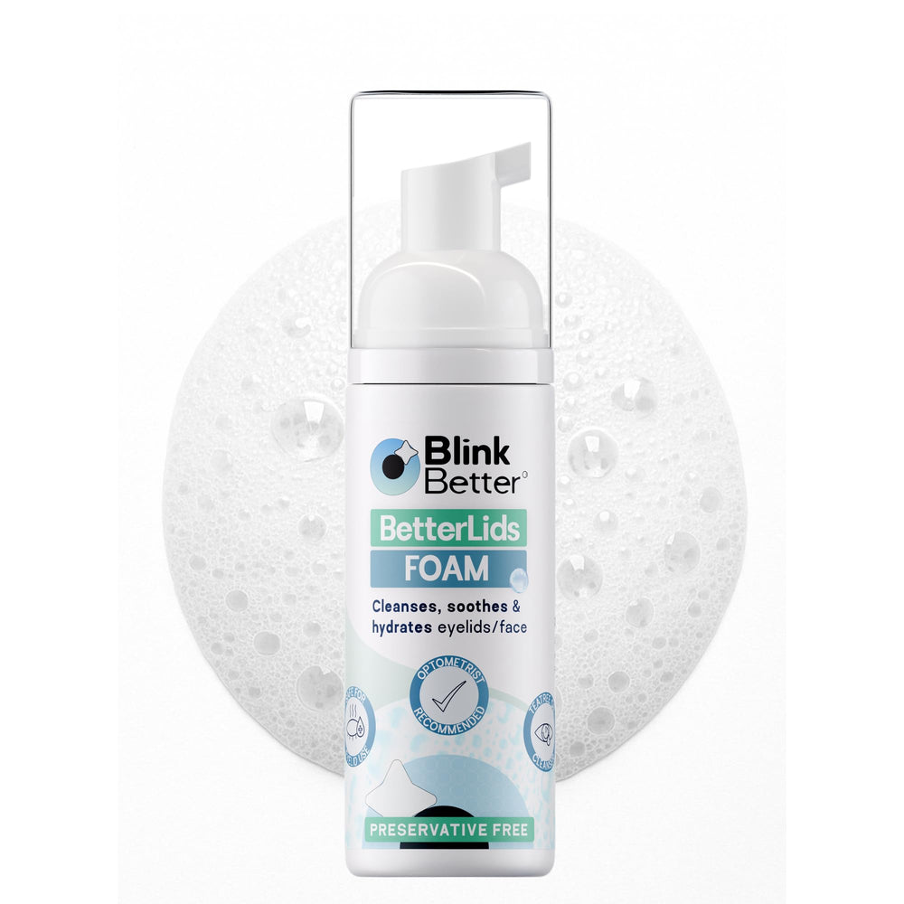 BlinkBetter BetterLids bottle with foaming cleanser for daily eyelid hygiene.