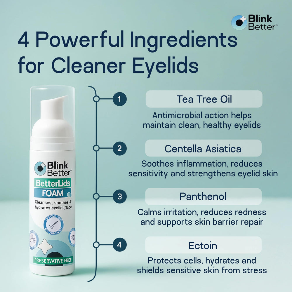 Close-up of BetterLids foam texture for gentle eyelid cleansing.
