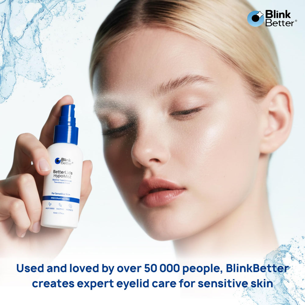BlinkBetter BetterLids applying mist along lash line for clean lids