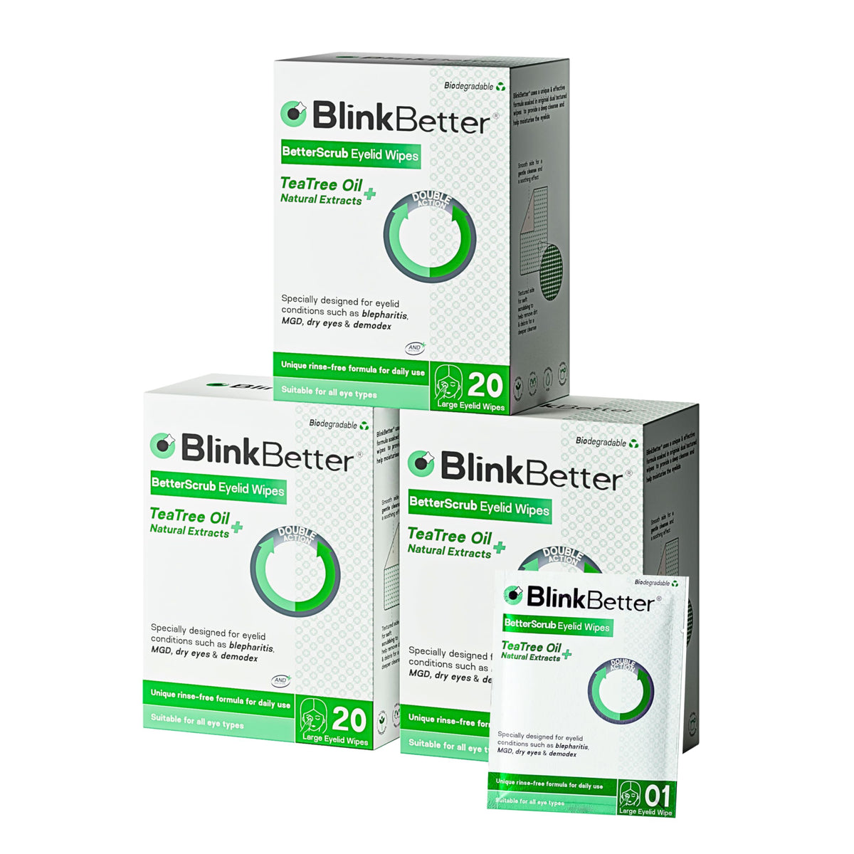 BlinkBetter Tea Tree Eyelid Wipes pack of 60 for gentle cleansing and refreshing relief.