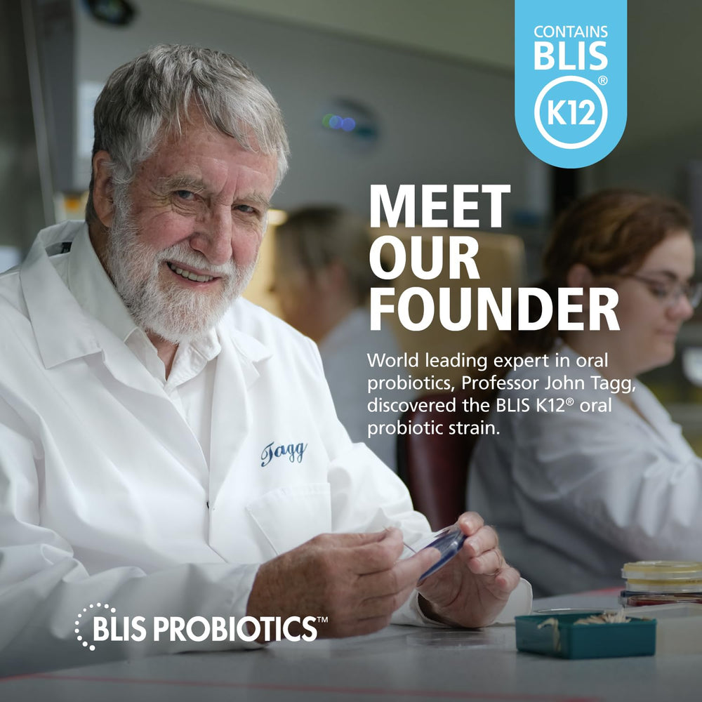 Vanilla-flavor background with BLIS ThroatHealth conveys comforting daily wellness.