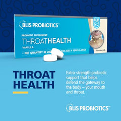 BLIS ThroatHealth vanilla lozenges packaging shows convenient 30-day supply for ongoing wellness.