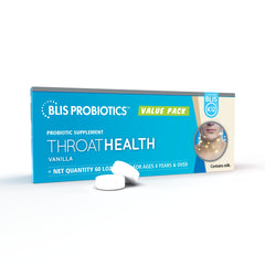 BLIS ThroatHealth vanilla lozenges packaging supporting a balanced oral environment