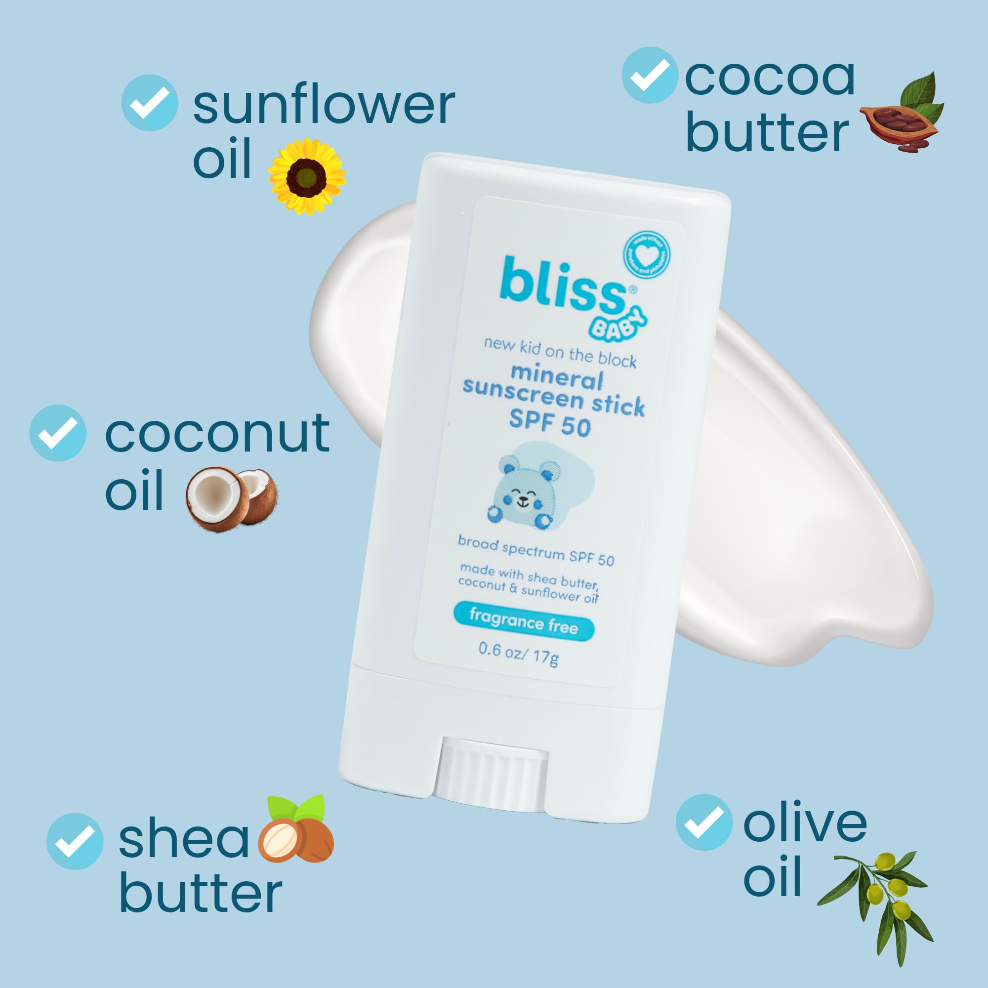 Bliss Baby Mineral Sunscreen Stick being applied to the face for gentle coverage