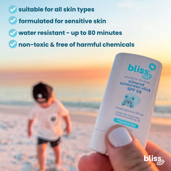 Bliss Baby Mineral Sunscreen Stick close-up highlighting organic shea butter