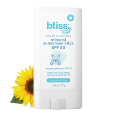 Bliss Baby Mineral Sunscreen Stick front view with SPF 50 for sensitive skin