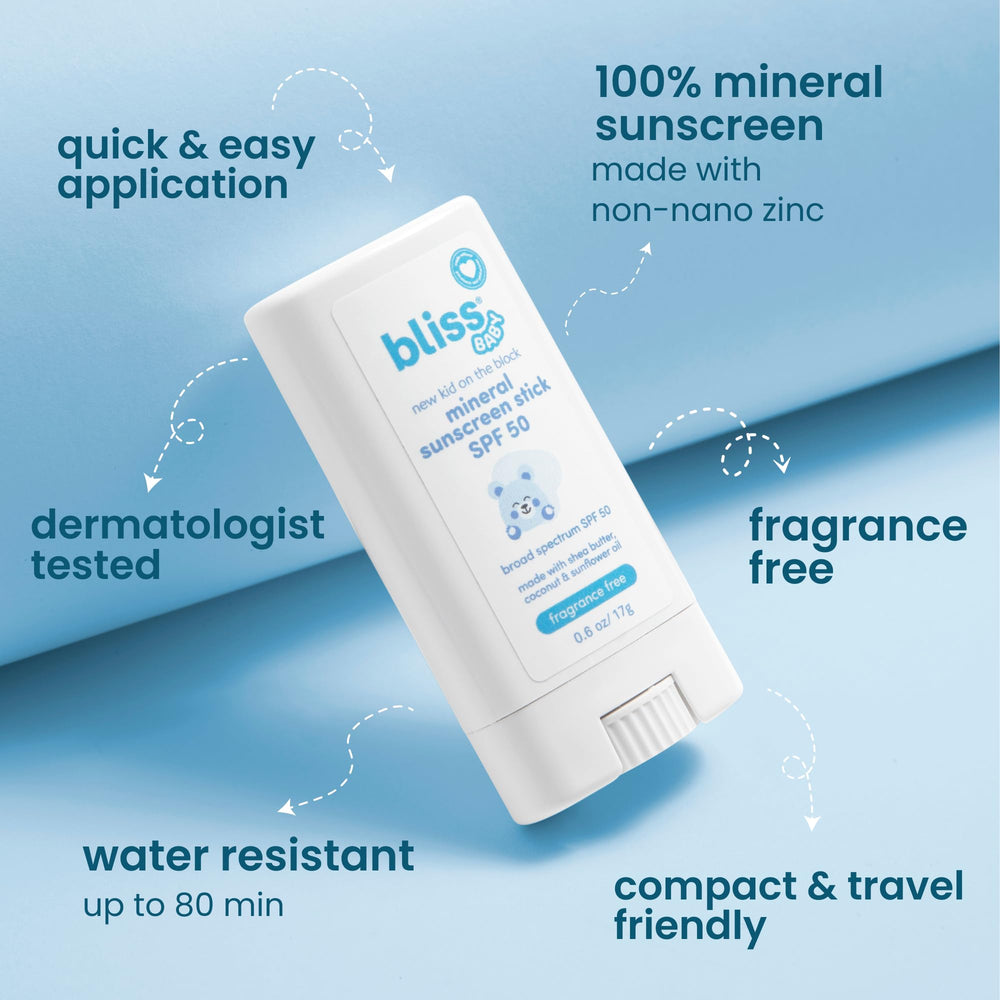 Bliss Baby Mineral Sunscreen Stick packaging shows travel-ready design