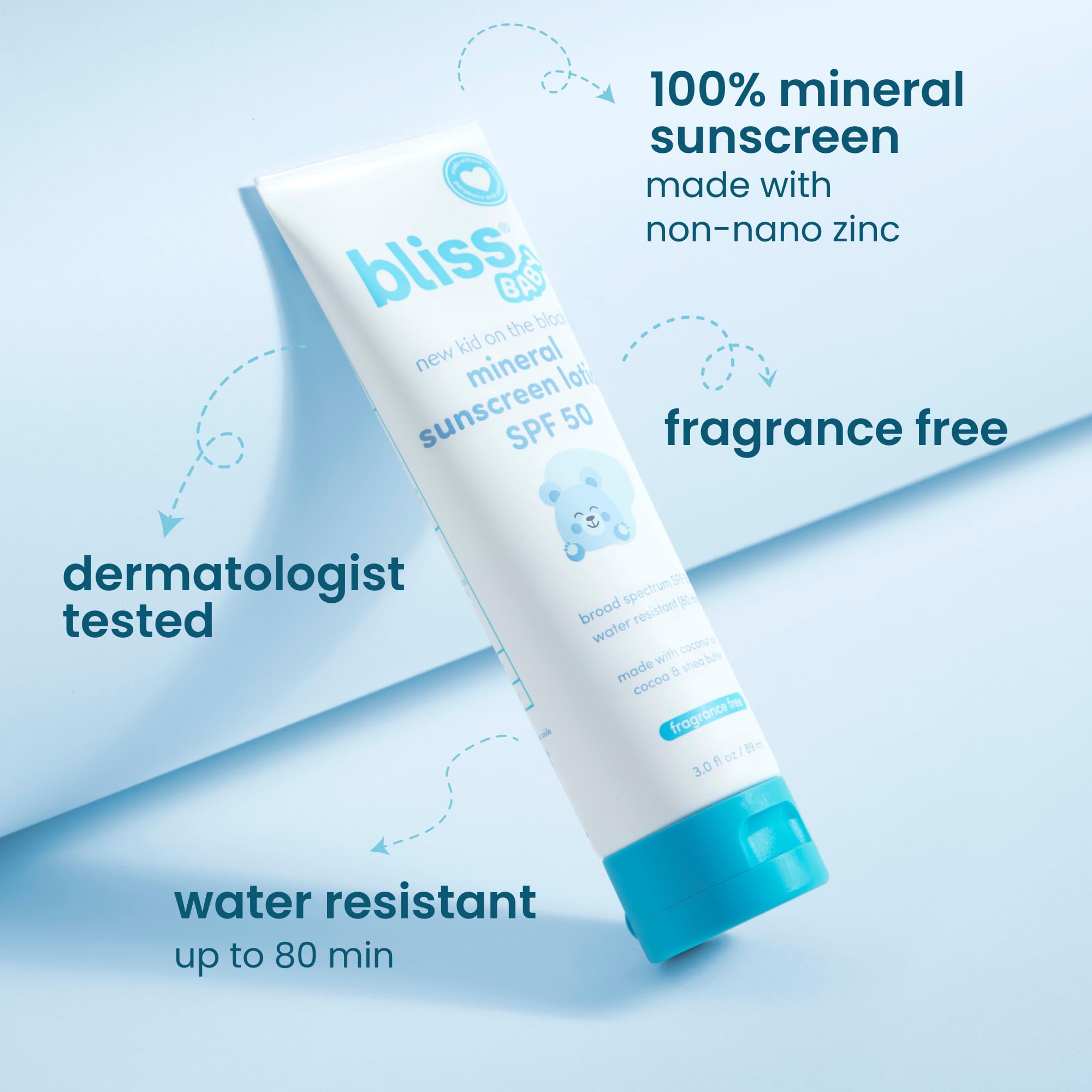 Bliss sunscreen spread on a child's arm showing quick absorption and non-greasy feel.