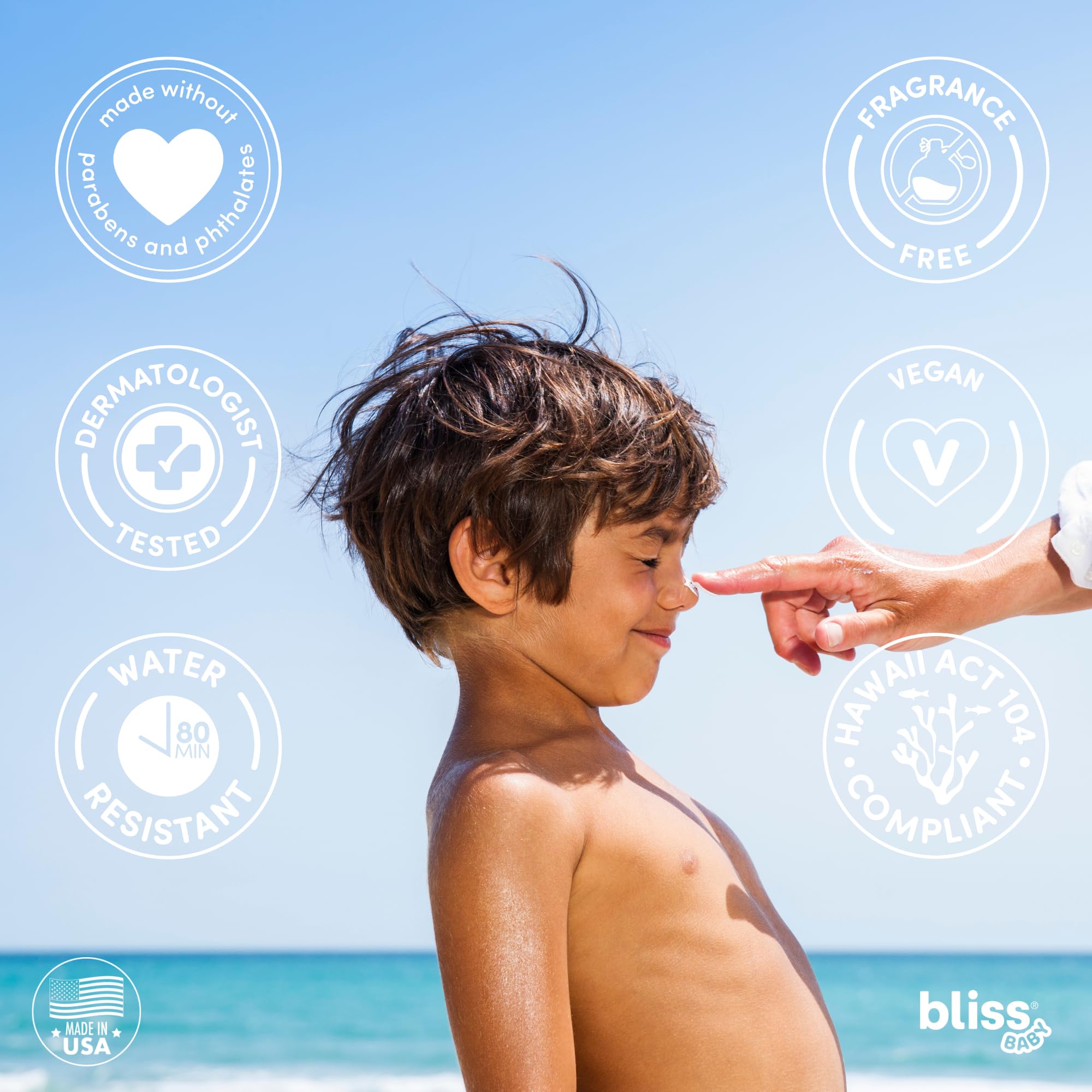 Bliss vegan ingredients like shea butter and aloe soothe skin under sun.