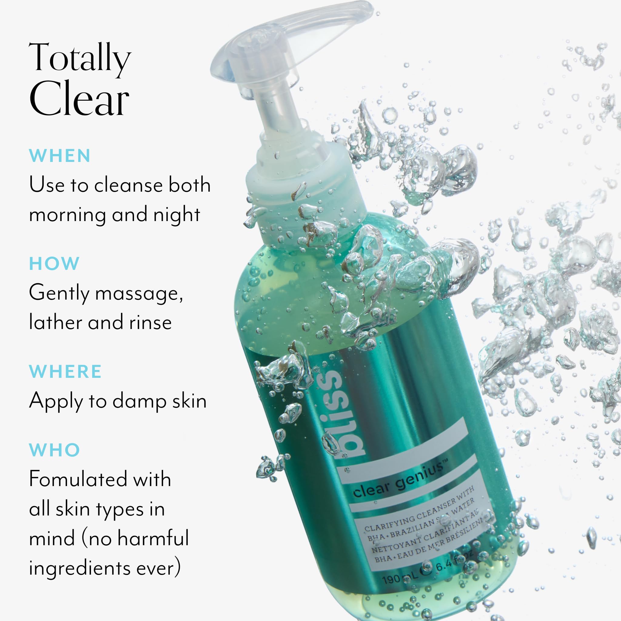 Bliss Clear Genius bottle with sea water evokes purifying boost.