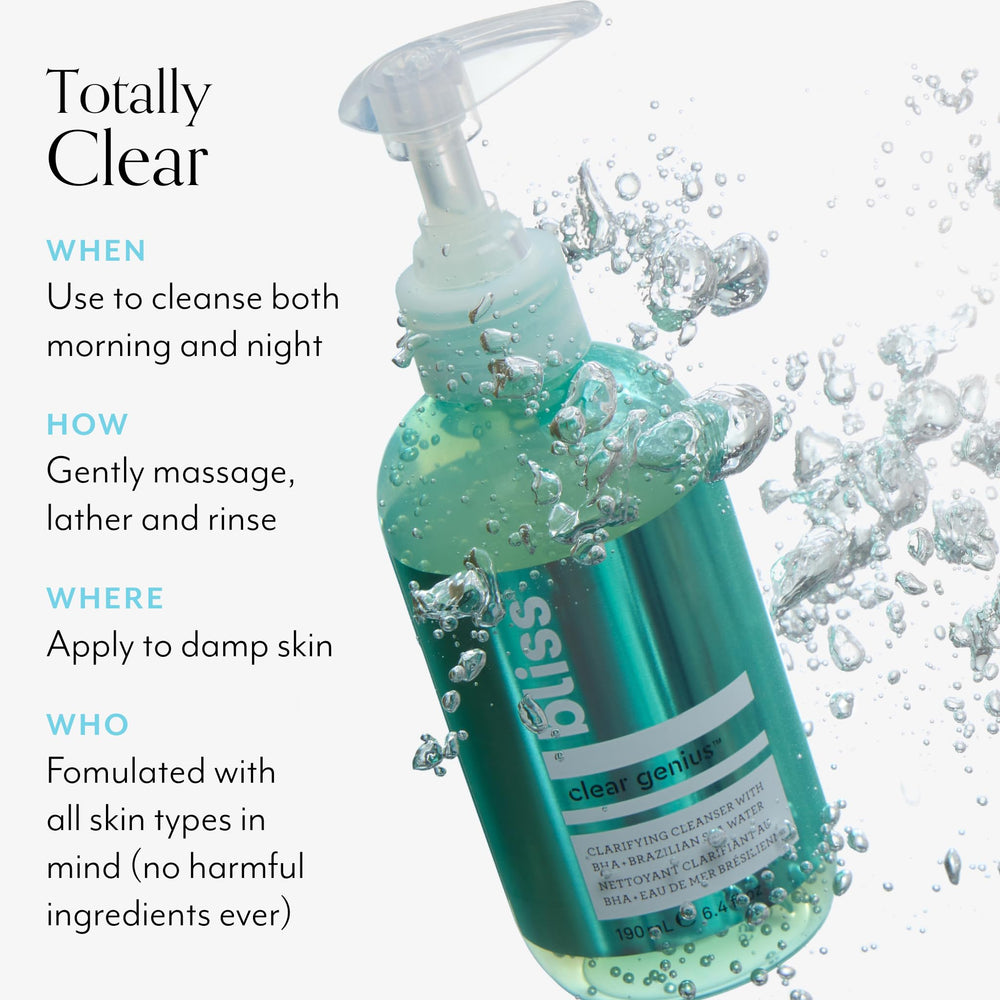 Bliss Clear Genius bottle with sea water evokes purifying boost.