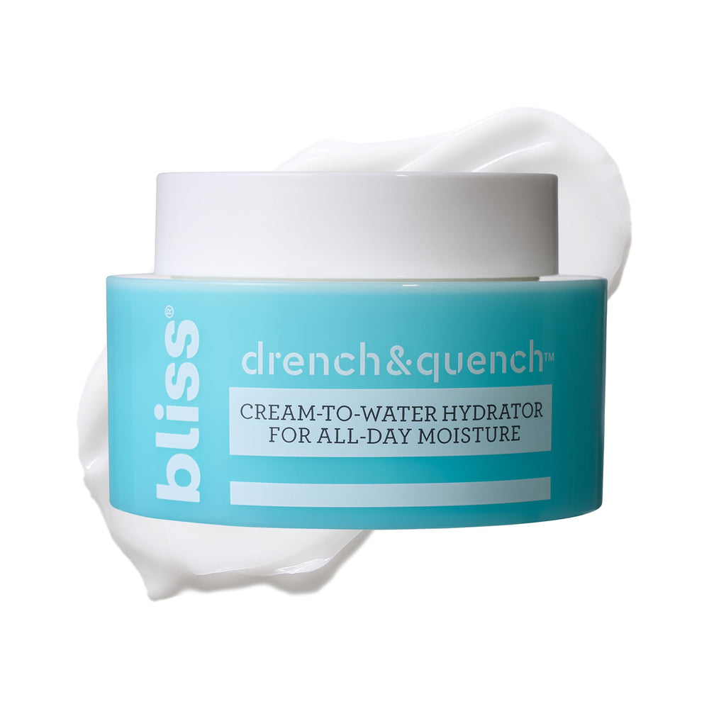 Bliss Drench & Quench bottle closeup showcases refreshing hydration concept.