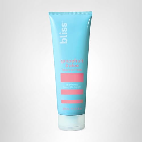 Bliss Grapefruit and Aloe Body Butter 6-7oz-size display suggests travel-friendly convenience.