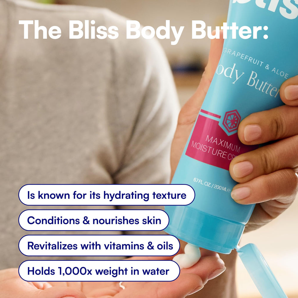 Bliss Grapefruit and Aloe Body Butter cream swirl suggests refreshing, light scent and easy spread.