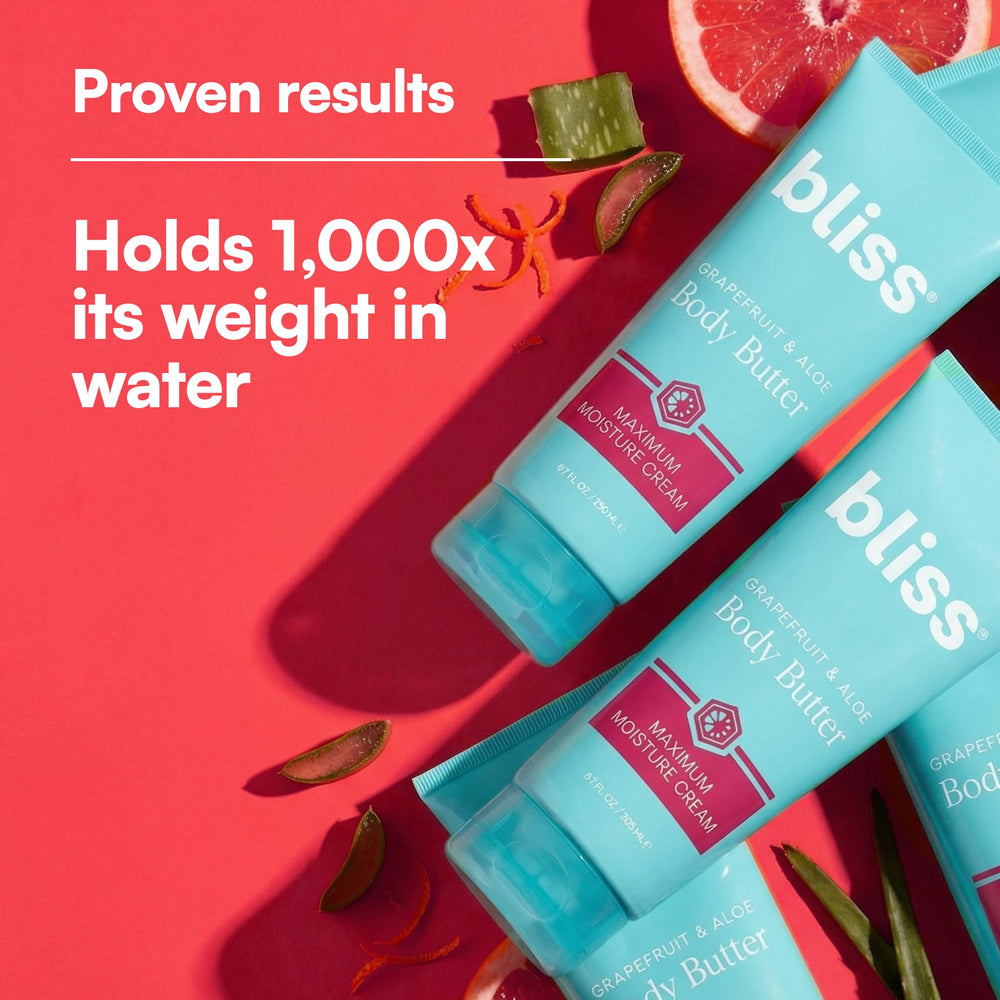 Bliss Grapefruit and Aloe Body Butter jar close-up highlights rich texture for deep hydration.
